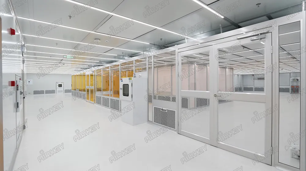 Cleanroom wall panels with anti-static frosted transparent acrylic and yellow-tinted acrylic materials