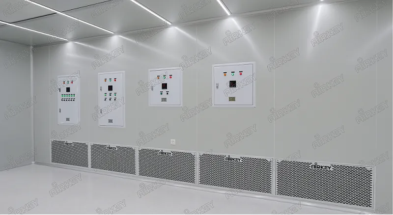 Smart cleanroom control system for real-time monitoring and adjustment of environmental parameters.