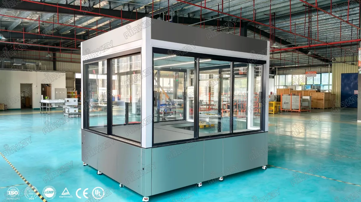 Tempered glass modular laminar flow hood providing ISO 5 clean environment for genetic testing and sequencing laboratory operations